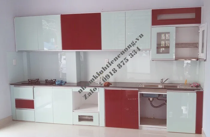 Mẫu Tủ Bếp Nhôm Kính Sơn Tĩnh Điện Màu Trắng Sứ Đẹp Giá Rẻ