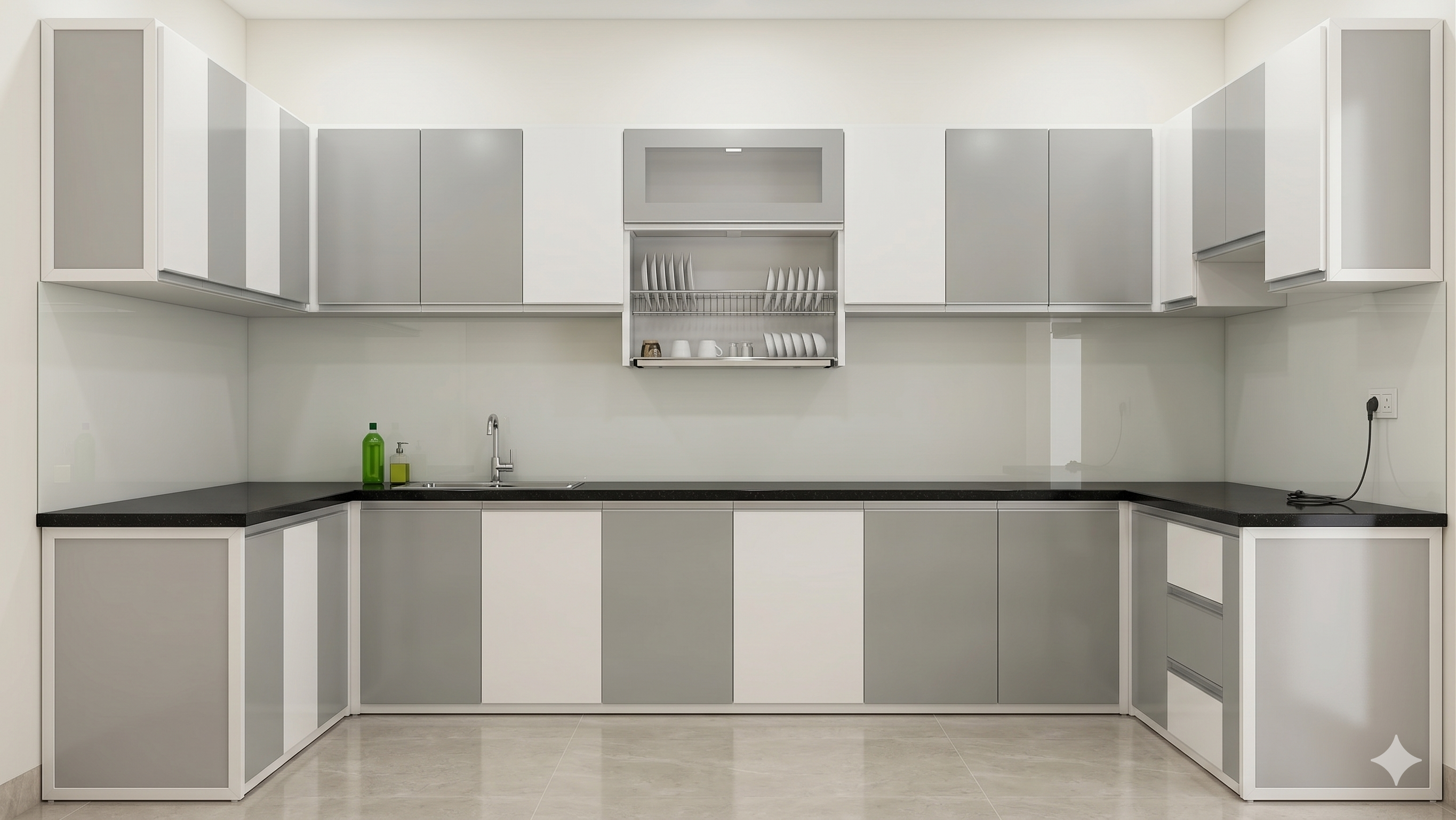 Tủ trên và tủ dưới trắng xám Hệ tủ bếp chữ U trắng xám với giá úp chén ở giữa