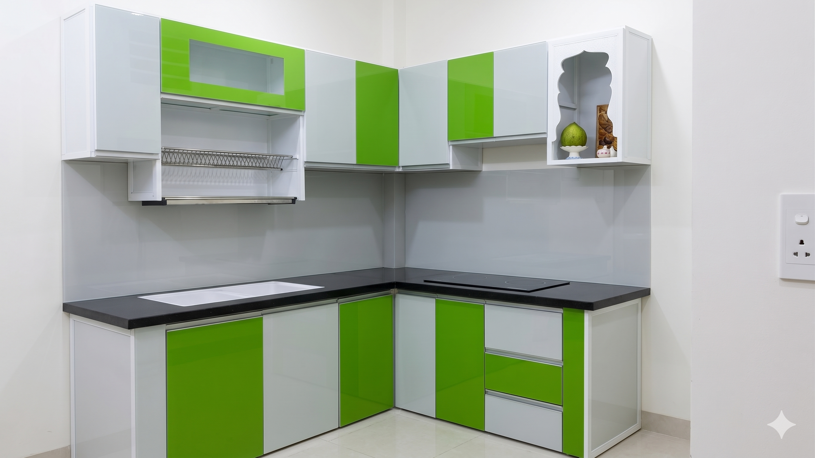 Bố cục bếp góc trắng xanh Mẫu bếp chữ L trắng xanh lá, mặt bàn tối màu
